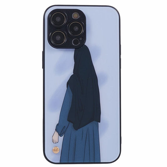 A light blue smartphone case features an illustration of a woman wearing a dark blue hijab and abaya, viewed from behind. 