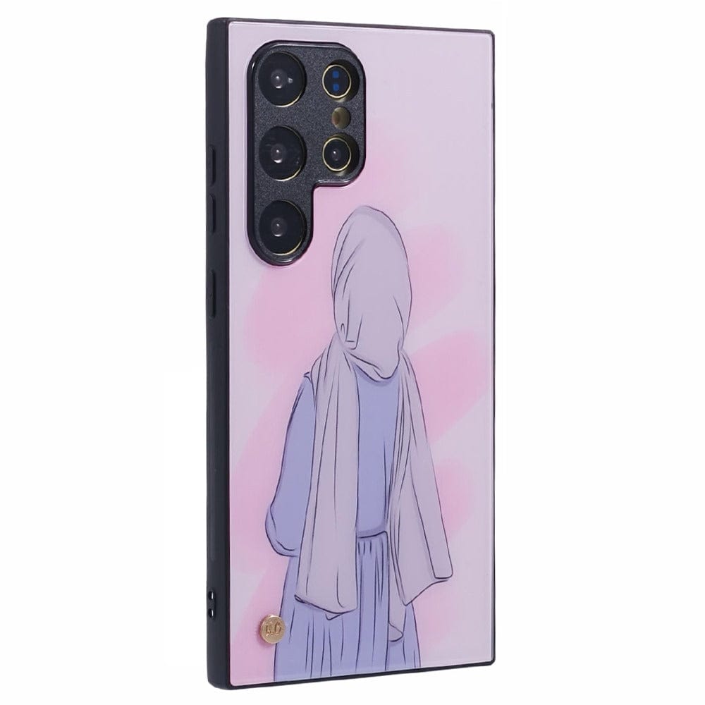 A smartphone case featuring an illustration of a person wearing a hijab and long dress, viewed from behind, against a pink background with soft, abstract shapes.