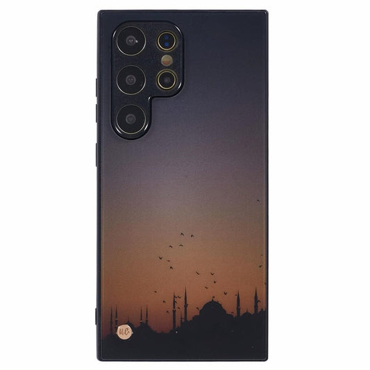 Islamic phone case featuring a beautiful mosque with a vibrant sunrise background.