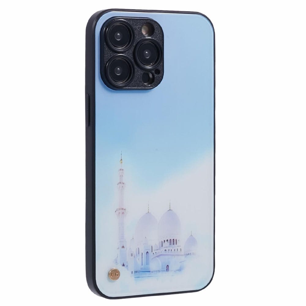 A phone case with a light blue gradient back cover featuring an illustration of a white mosque with multiple domes and a tall minaret.