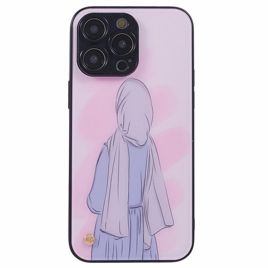 A smartphone case featuring an illustration of a person wearing a hijab and long dress, viewed from behind, against a pink background with soft, abstract shapes.