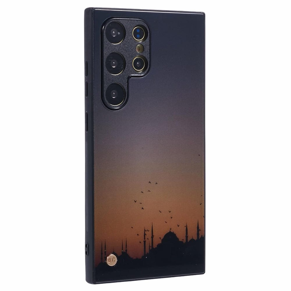 Islamic phone case featuring a beautiful mosque with a vibrant sunrise background.