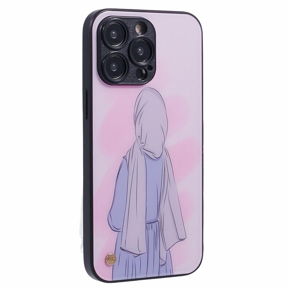 A smartphone case featuring an illustration of a person wearing a hijab and long dress, viewed from behind, against a pink background with soft, abstract shapes.