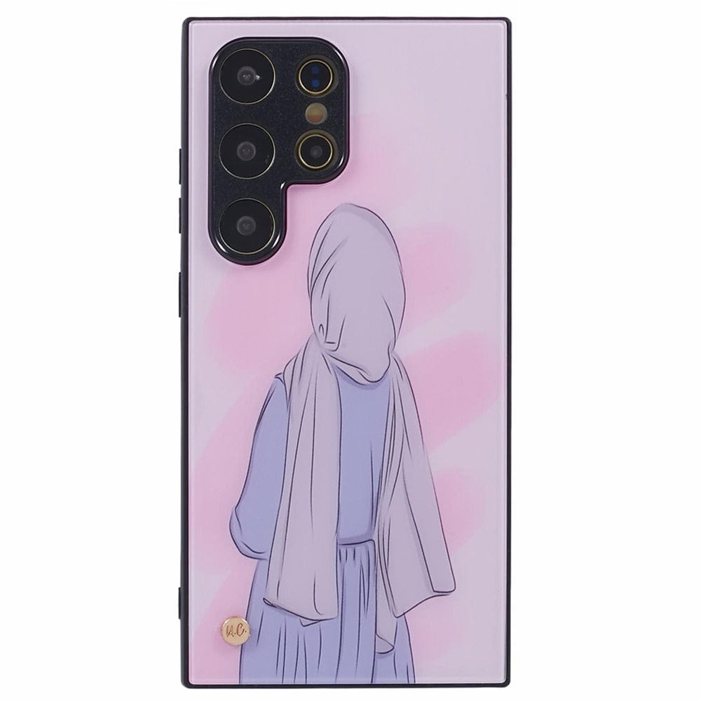 A smartphone case featuring an illustration of a person wearing a hijab and long dress, viewed from behind, against a pink background with soft, abstract shapes.