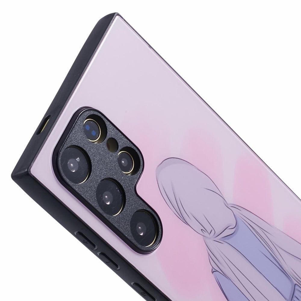 A smartphone case featuring an illustration of a person wearing a hijab and long dress, viewed from behind, against a pink background with soft, abstract shapes.