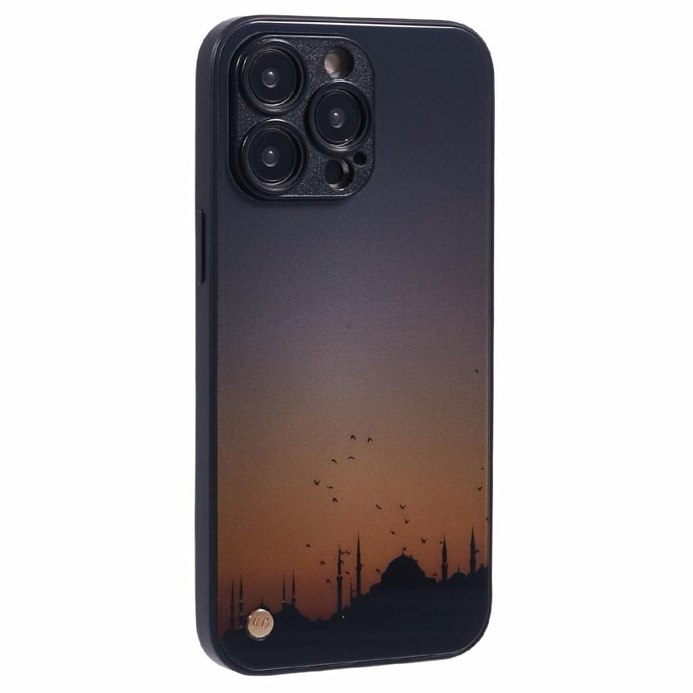 Islamic phone case featuring a beautiful mosque with a vibrant sunrise background.