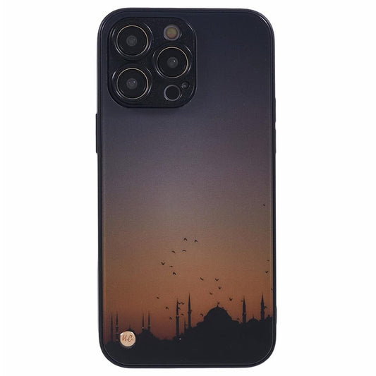 Islamic phone case featuring a beautiful mosque with a vibrant sunrise background.