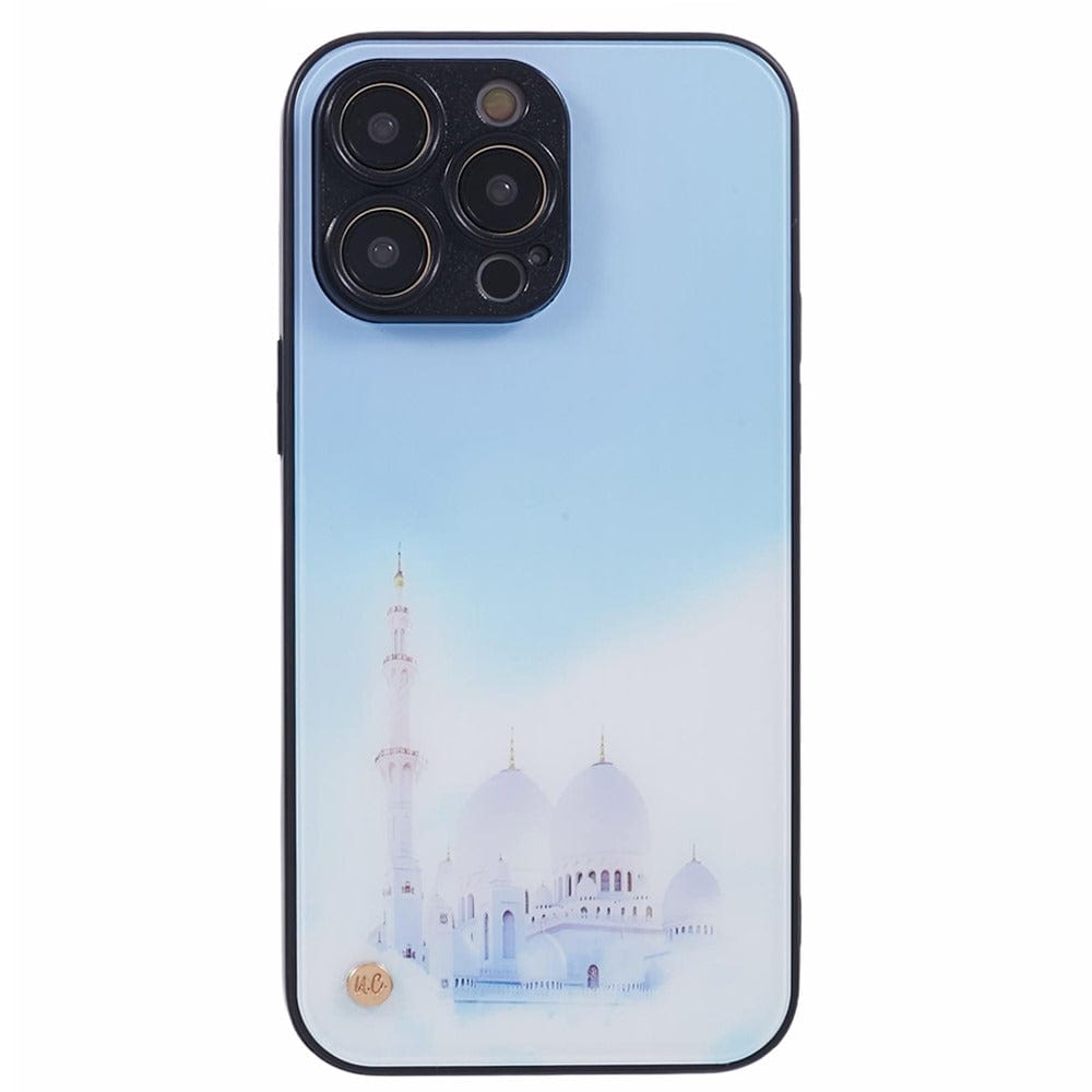 A phone case with a light blue gradient back cover featuring an illustration of a white mosque with multiple domes and a tall minaret.