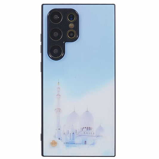 A phone case with a light blue gradient back cover featuring an illustration of a white mosque with multiple domes and a tall minaret.